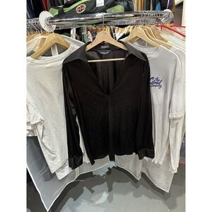 Vintage 1970s Bianca by Career Club Black Wing Tip Polyester Bell Sleeve Polo M